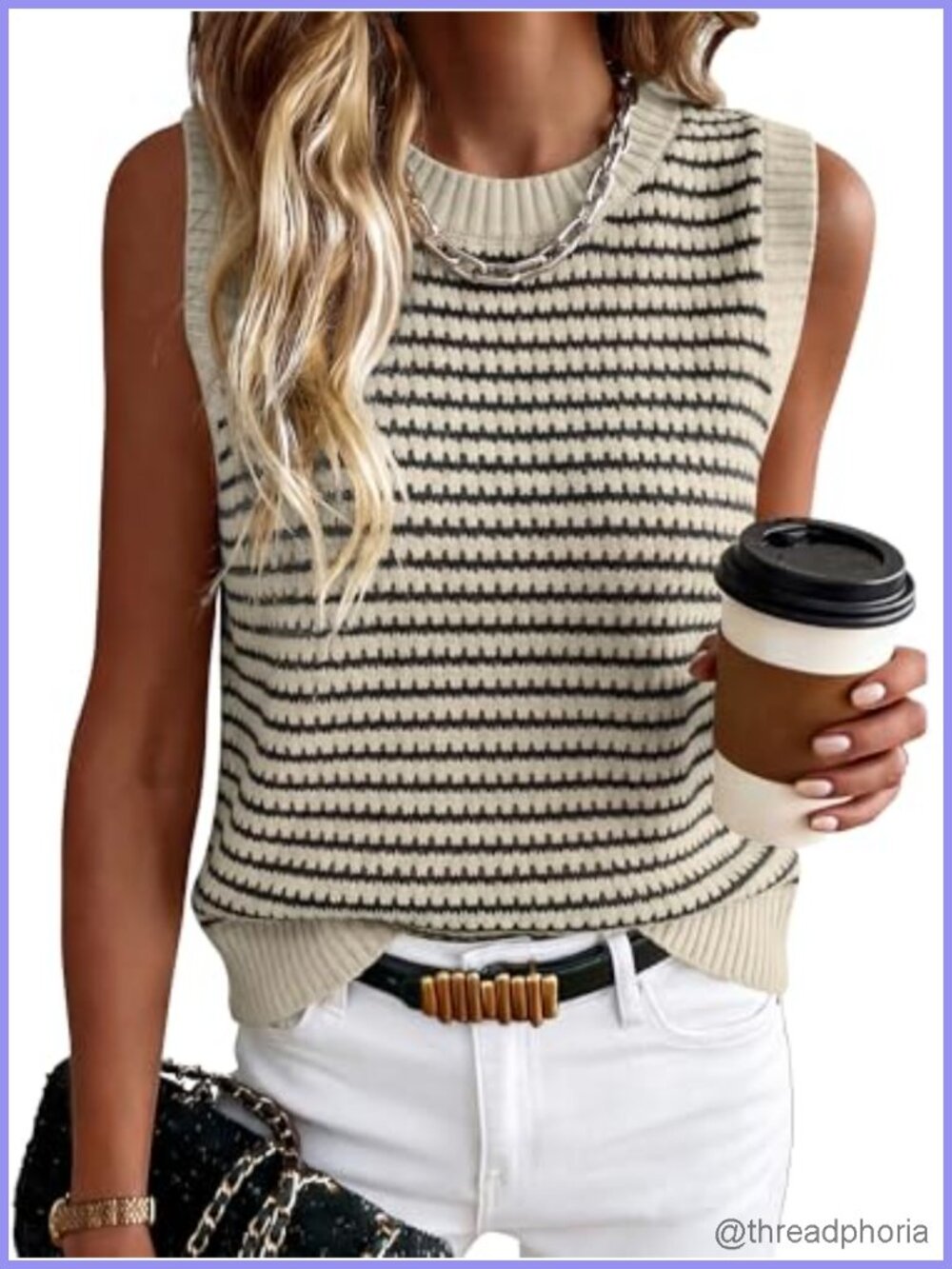 ANRABESS Sleeveless Striped Knit Sweater Vest Women Boho Casual Lightweight